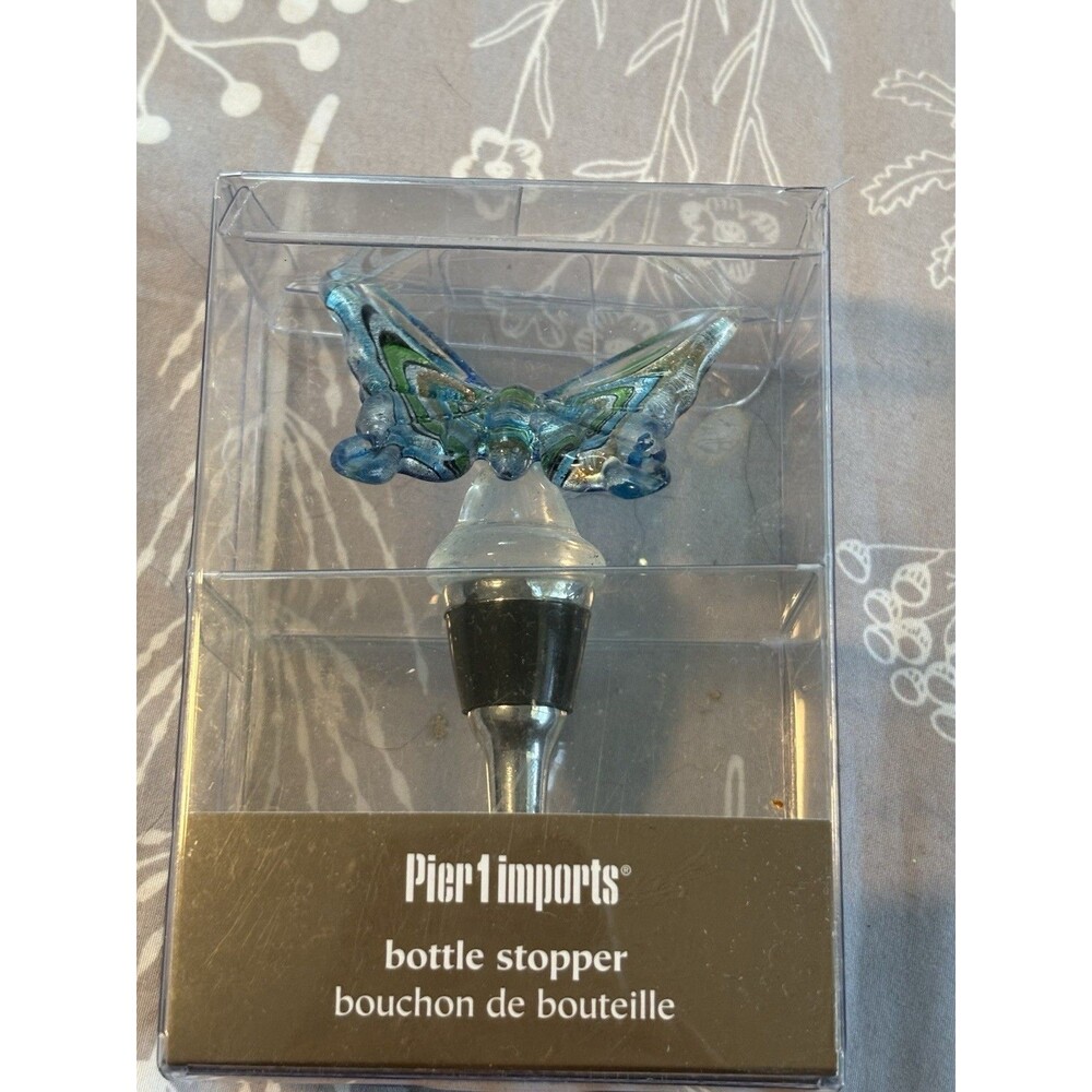 PIER 1 IMPORTS Bottle Stopper  Green Blue Butterfly Glass Brand New